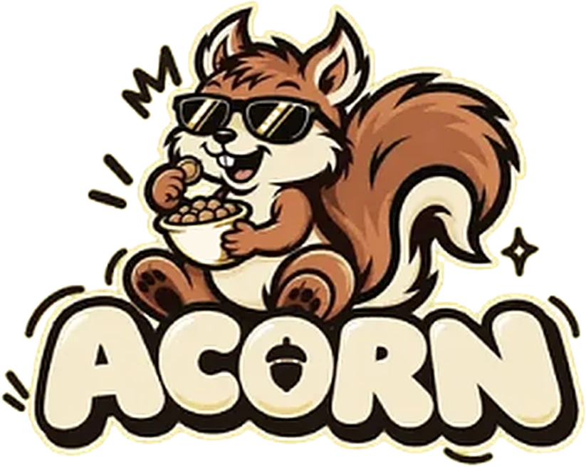 The ACORN logo: a squirrel in sunglasses eating from a bowl of nuts above the word ACORN