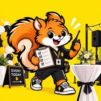 Squirrel host with a clipboard at an event